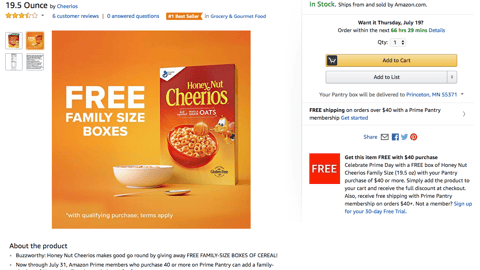 Prime Pantry 'Free Cheerios' Offer